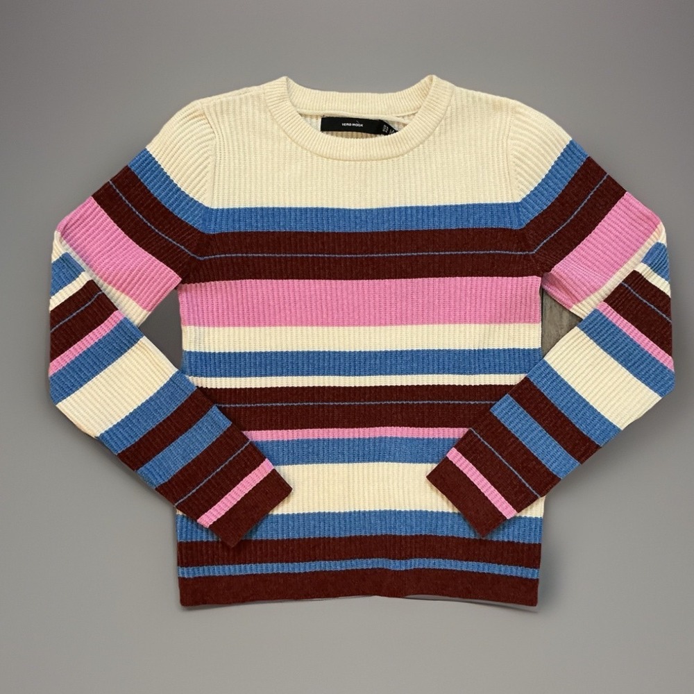NWT VERO MODA Women's XL Striped Knit‎ Sweater Crew Neck Birch Blue Stripes